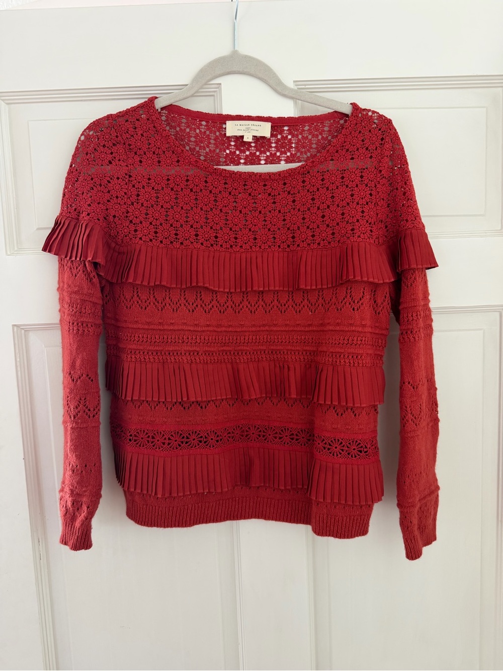 Sezane Red Crochet & Pleated Ruffle Sweater size Small